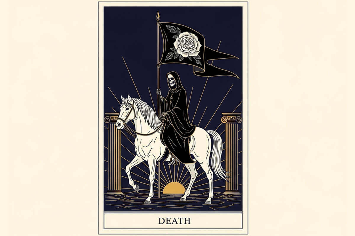 The Death tarot card meaning, symbolizing transformation and new beginnings.