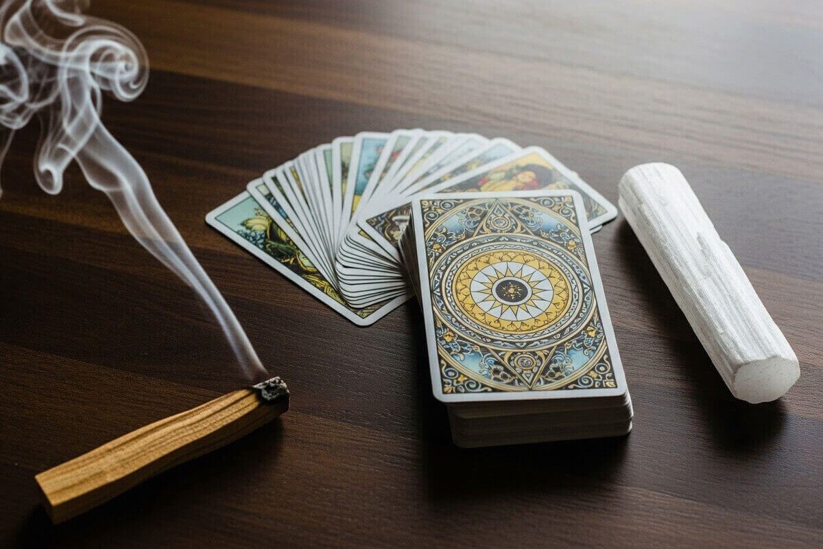 A guide on how to cleanse a tarot deck with sage, smoke, and crystals.