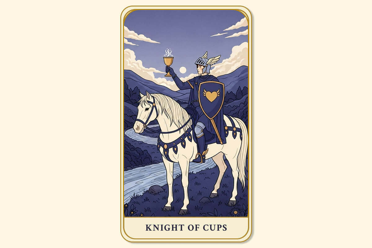 The Knight of Cups tarot card meaning, symbolizing romance, charm, and creative inspiration.
