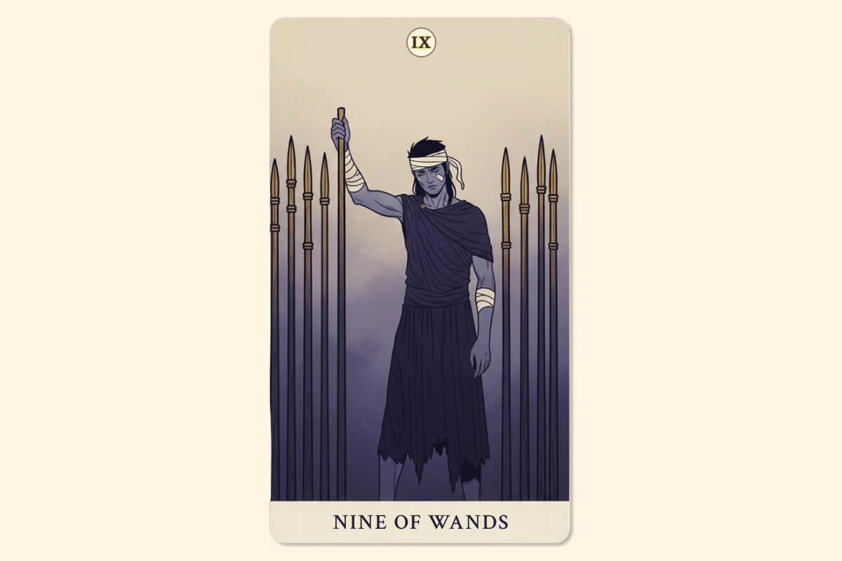 The Nine of Wands tarot card meaning, symbolizing resilience, courage, and perseverance.