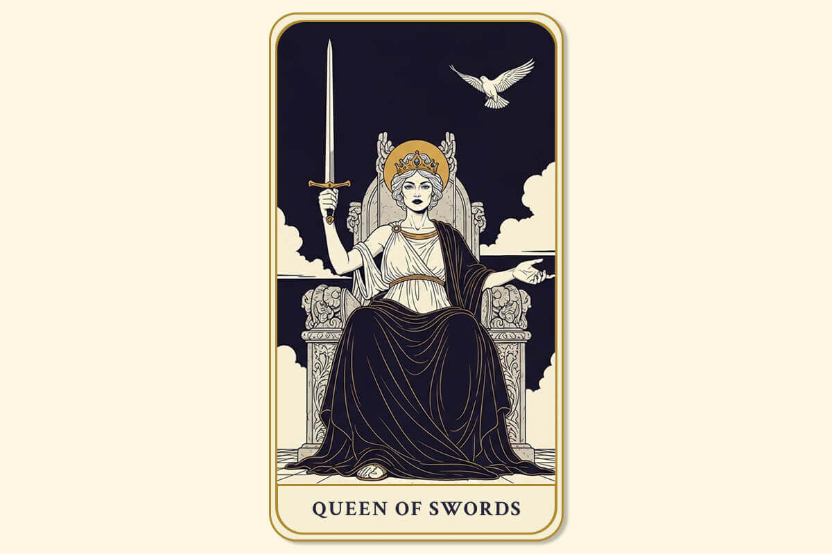 The Queen of Swords tarot card meaning, symbolizing clarity, boundaries, and independent thought.