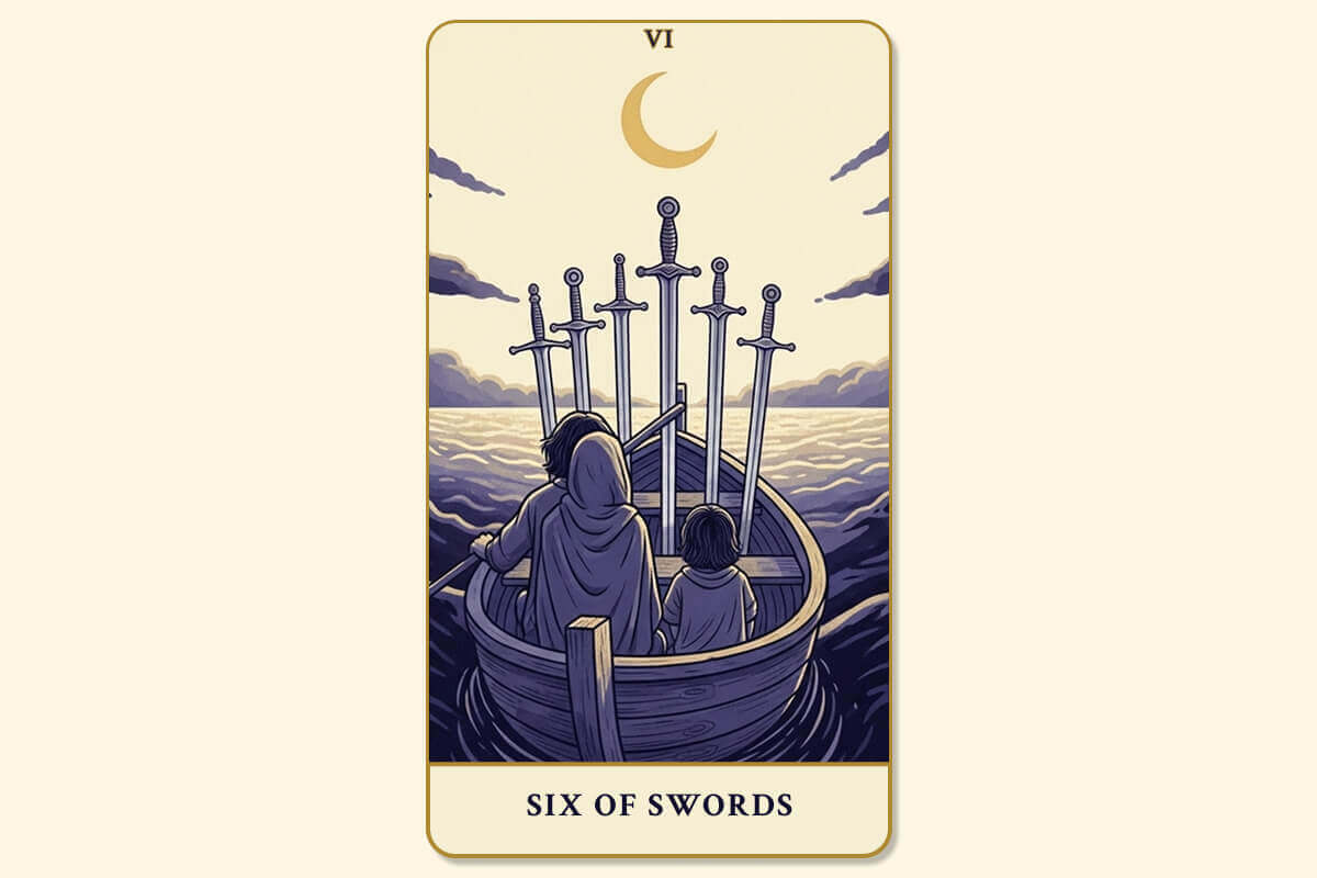 The Six of Swords tarot card meaning, symbolizing a quiet transition and moving on.