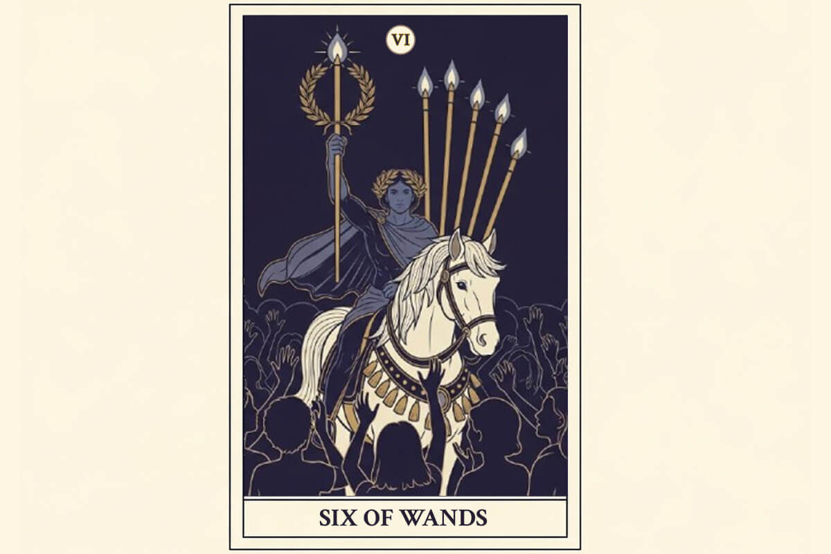 The Six of Wands tarot card meaning, symbolizing victory, success, and public recognition.
