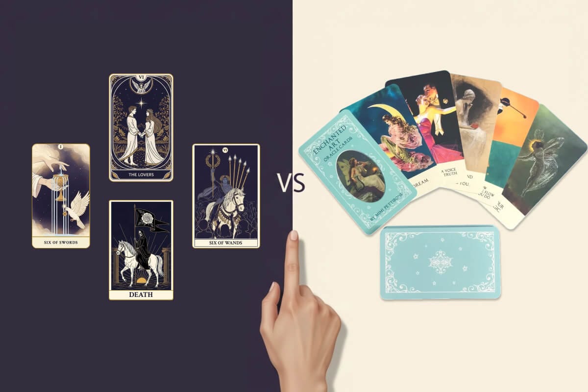A guide explaining the difference between structured tarot cards and intuitive oracle cards.