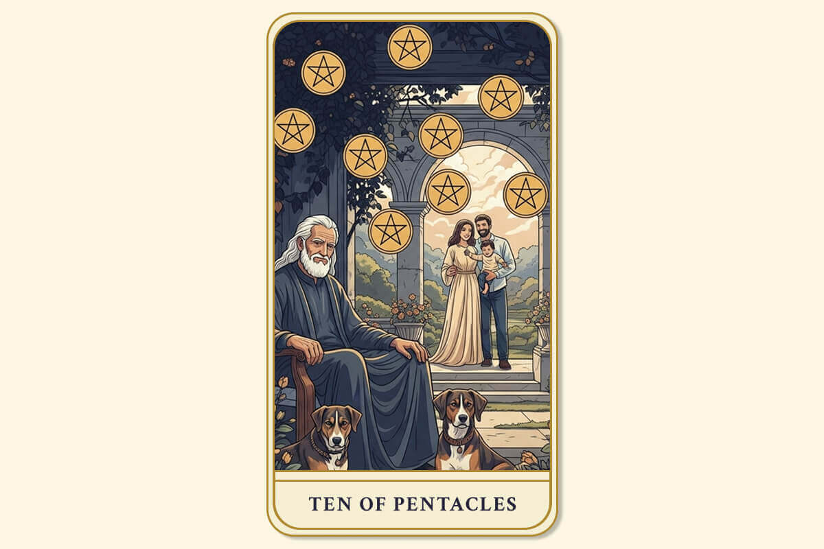 The Ten of Pentacles tarot card meaning, symbolizing legacy, wealth, and family harmony.