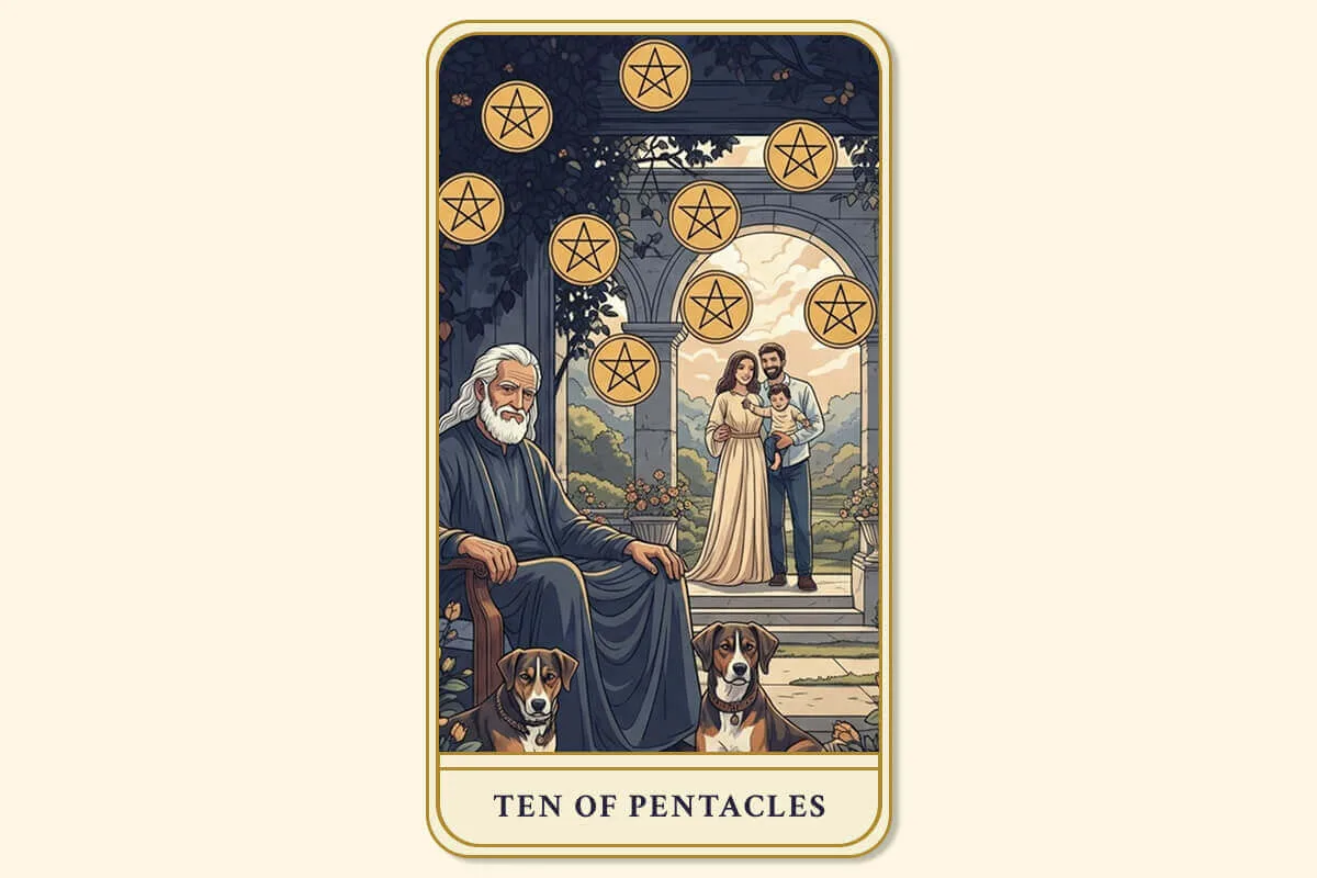 The Ten of Pentacles tarot card meaning, symbolizing legacy, wealth, and family harmony.
