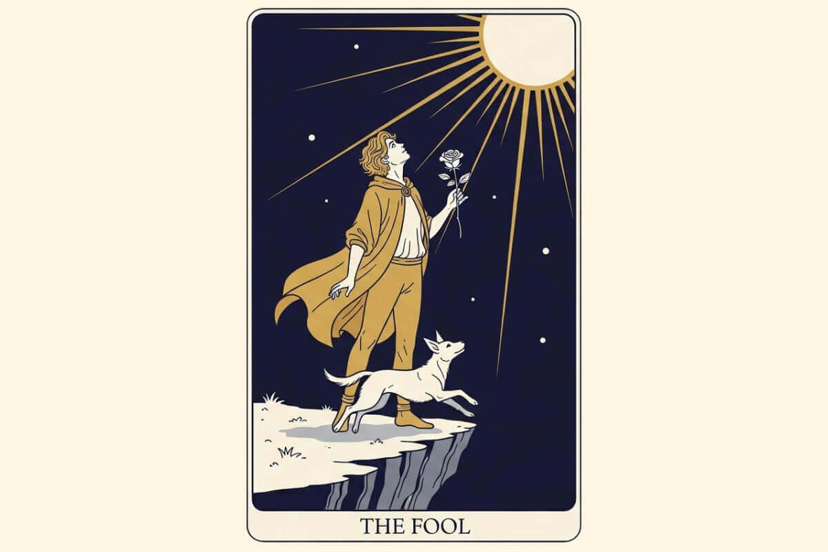 The Fool tarot card meaning for new beginnings and taking a leap of faith.