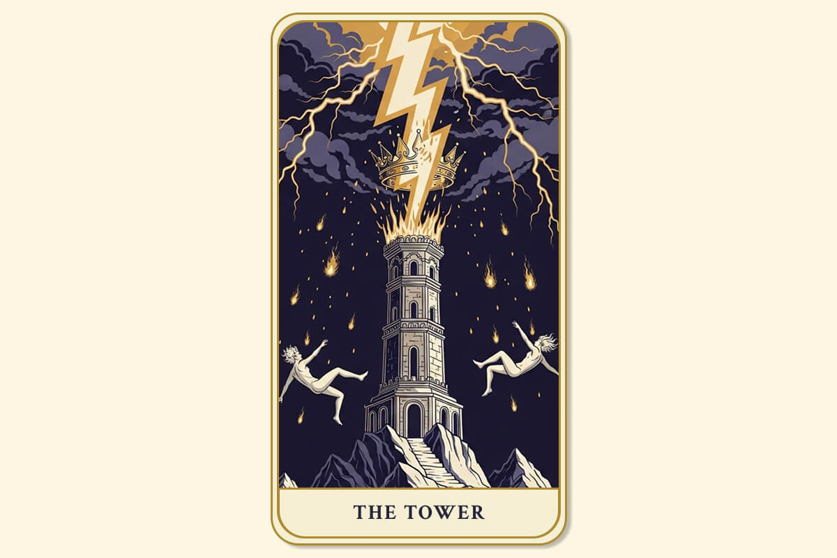 The Tower tarot card meaning, symbolizing sudden change, upheaval, and liberation.