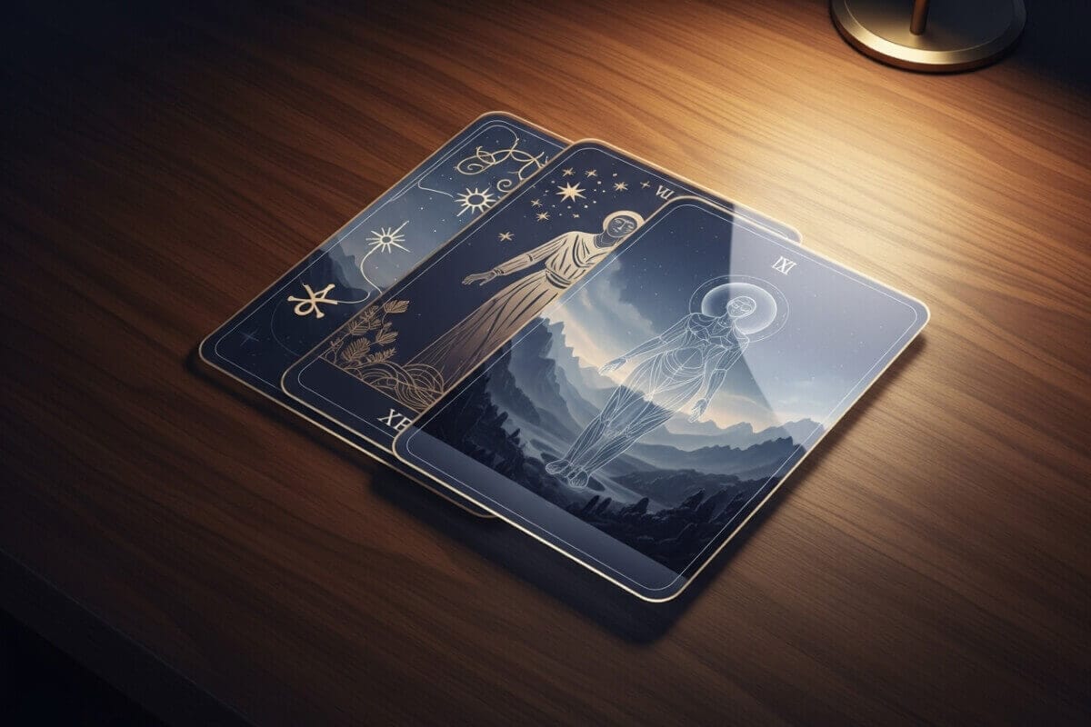 A guide to transparent tarot decks, showing layered see-through cards creating a new image.